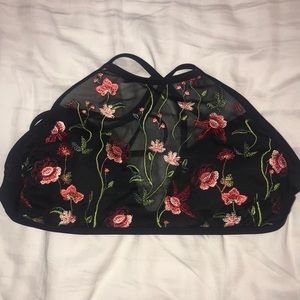 High neck mesh embroidered swimsuit top